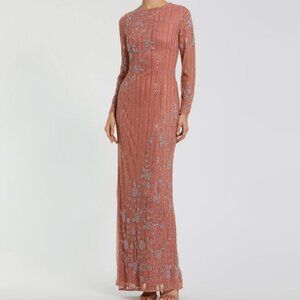 pink embellished high neck illusion long sleeve gown #93626